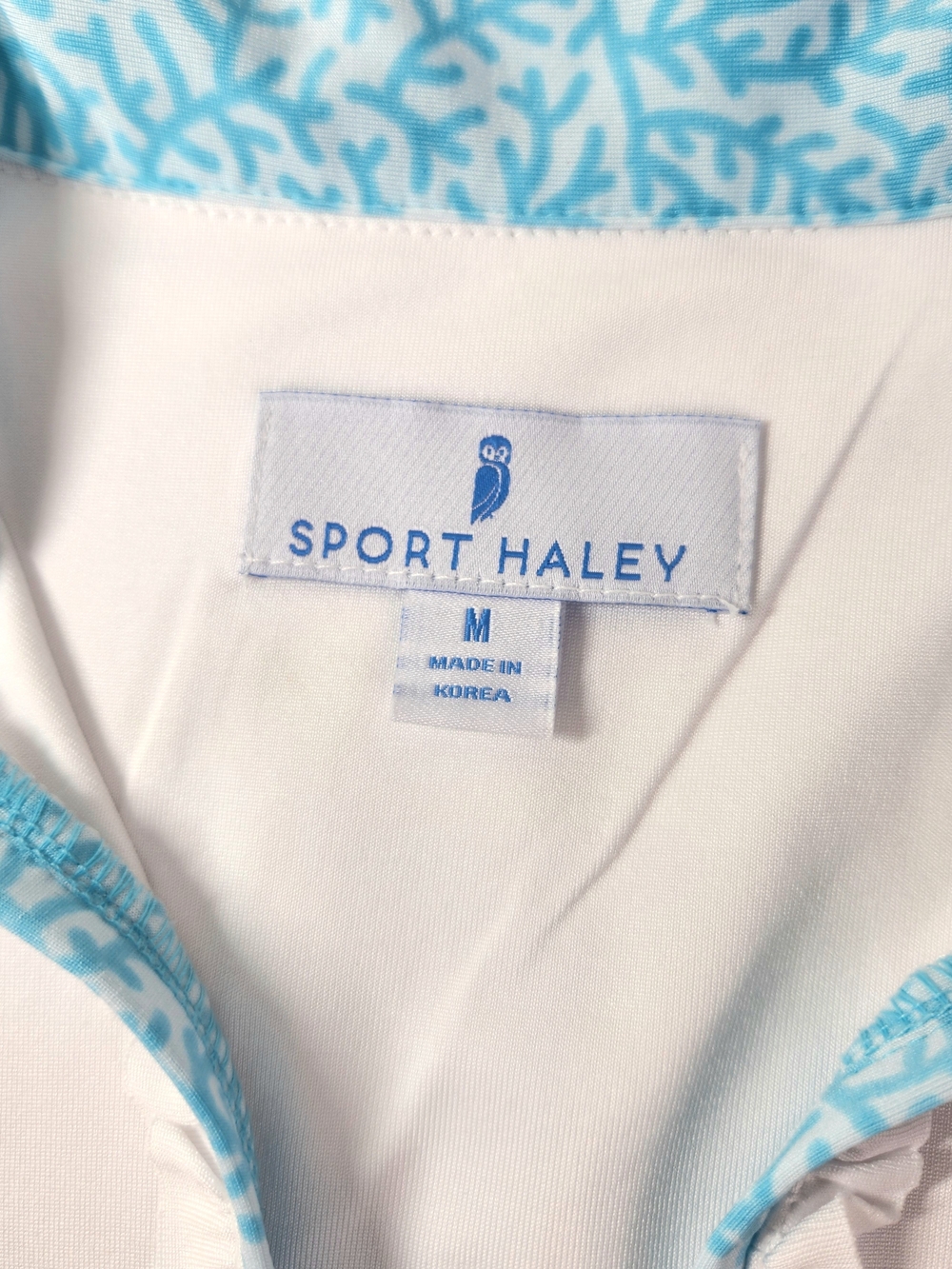 Sport Haley Golf Polo Shirt Womens Medium White Aqua Coral Trim Ruffle Stretch - Picture 9 of 12